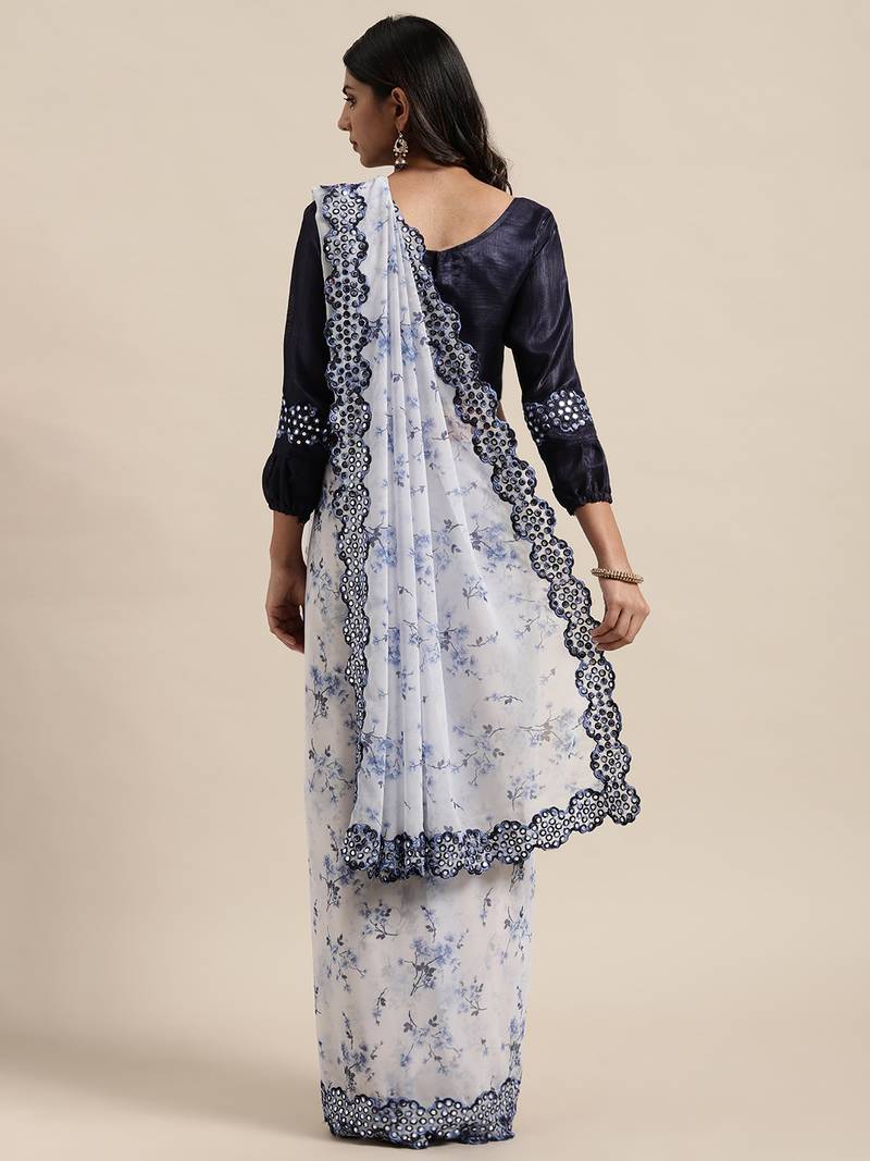 Floral Printed Georgette White Saree With Unstitched Blouse Piece