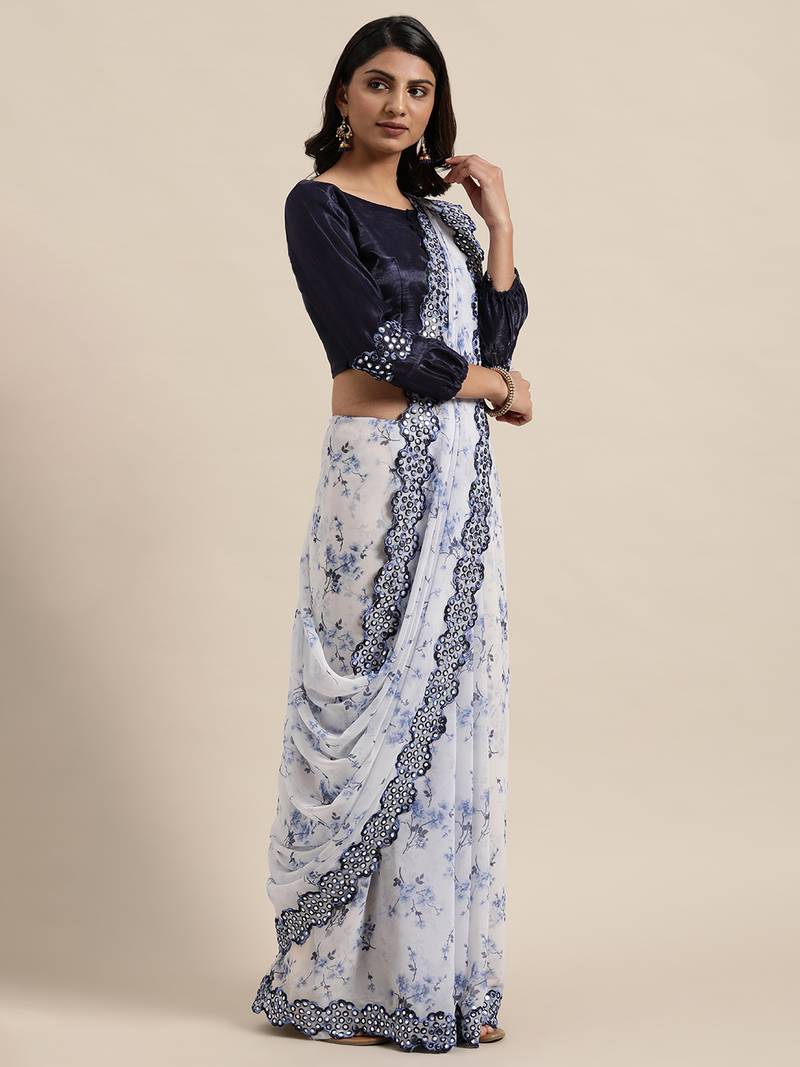 Floral Printed Georgette White Saree With Unstitched Blouse Piece