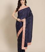 Soild Sequin Work Dola Silk Navy Blue Saree With Unstitched Blouse Piece