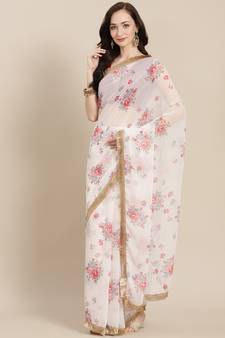 Floral Printed Georgette White Saree With Unstitched Blouse Piece