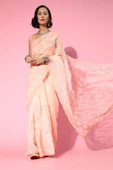 Sequin Work Pattern Organza Pink Saree With Unstitched Blouse Piece