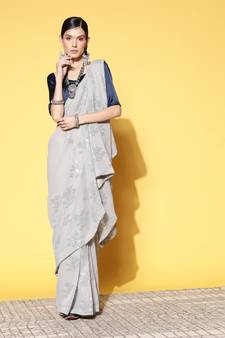 Sequin Work Georgette White Saree With Unstitched Blouse Piece