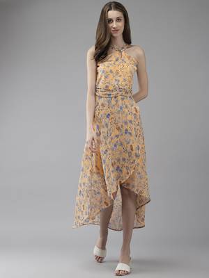 Yellow printed georgette short-dresses 1