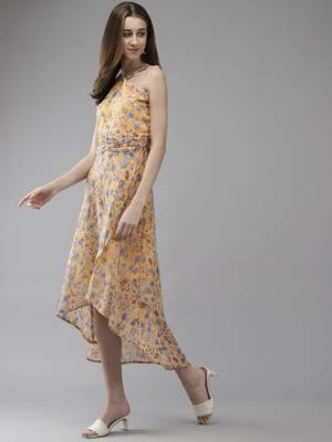 Yellow printed georgette short-dresses 3