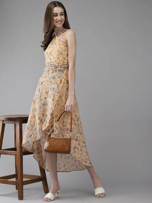 Yellow printed georgette short-dresses 5