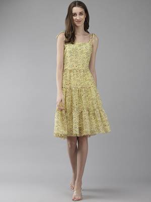 Yellow printed georgette short-dresses 1