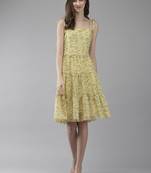 Yellow printed georgette short-dresses