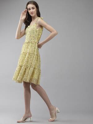 Yellow printed georgette short-dresses 3