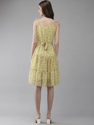 Yellow printed georgette short-dresses 4