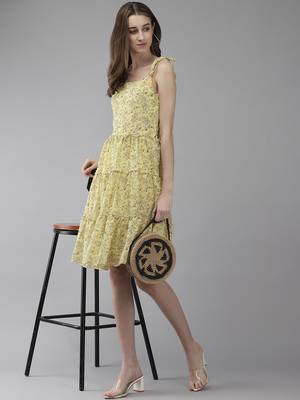 Yellow printed georgette short-dresses 5
