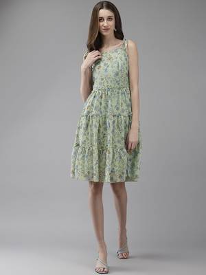 Green printed georgette short-dresses 1