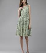 Green printed georgette short-dresses