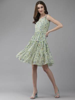 Green printed georgette short-dresses 3