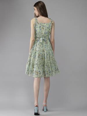 Green printed georgette short-dresses 4