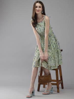 Green printed georgette short-dresses 5