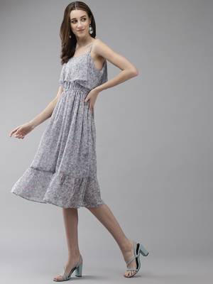 Grey printed georgette short-dresses 3