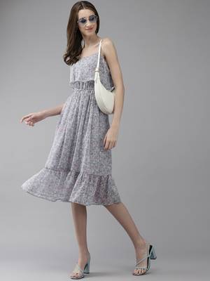 Grey printed georgette short-dresses 5