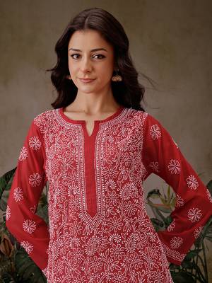 Hand Embroidered Red Faux Georgette Lucknowi Chikankari Women Kurta 6