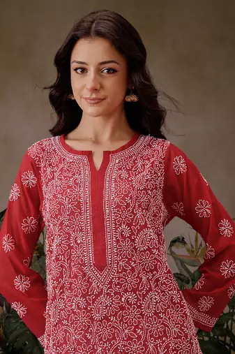 Hand Embroidered Red Faux Georgette Lucknowi Chikankari Women Kurta