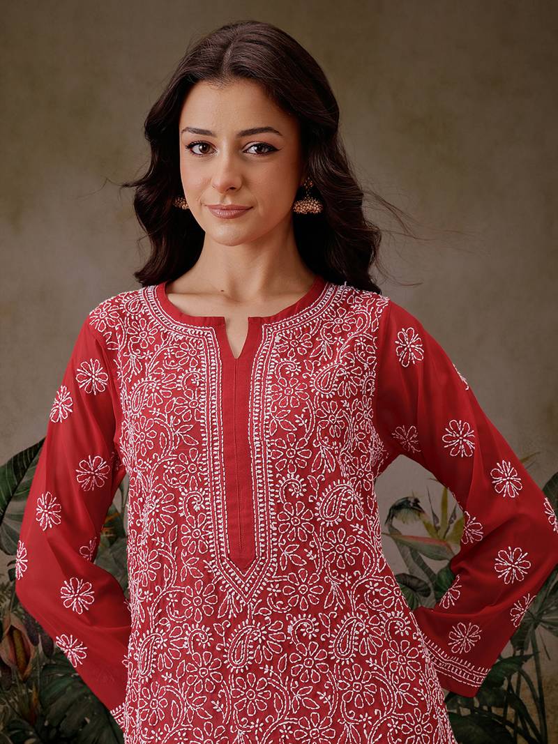 Hand Embroidered Red Faux Georgette Lucknowi Chikankari Women Kurta