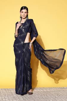 Sequin Work Georgette Black Saree With Unstitched Blouse Piece