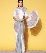 Sequin Work Georgette White Saree With Unstitched Blouse Piece