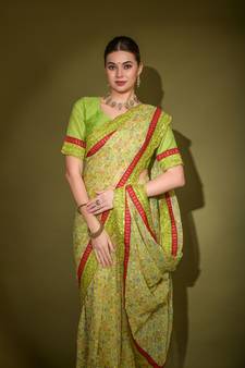 Geometric Printed Georgette Green Saree With Unstitched Blouse Piece