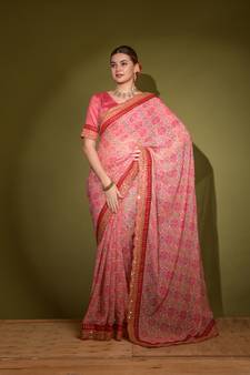 Geometric Printed Georgette Pink Saree With Unstitched Blouse Piece