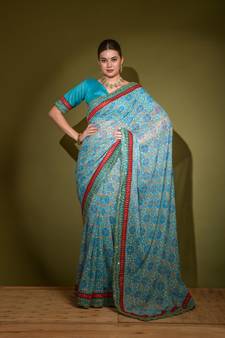 Geometric Printed Georgette Blue Saree With Unstitched Blouse Piece