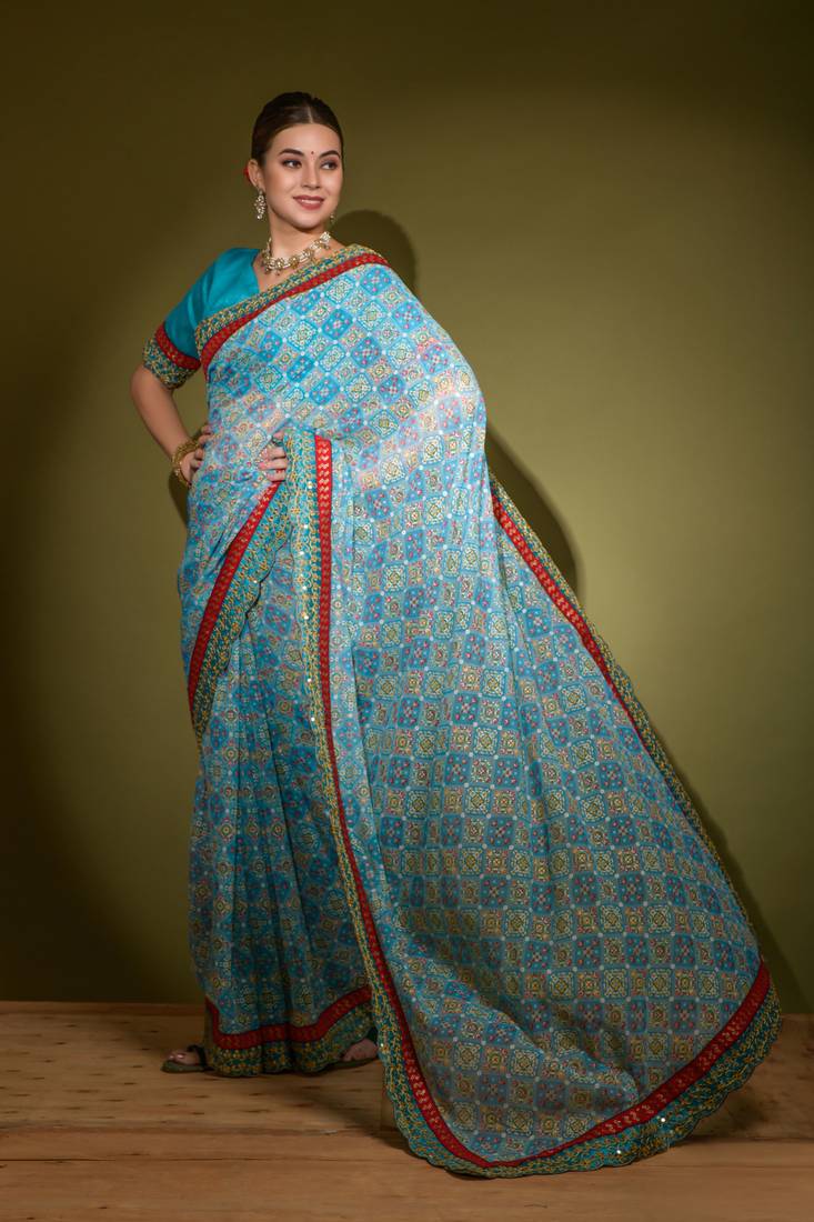 Geometric Printed Georgette Blue Saree With Unstitched Blouse Piece