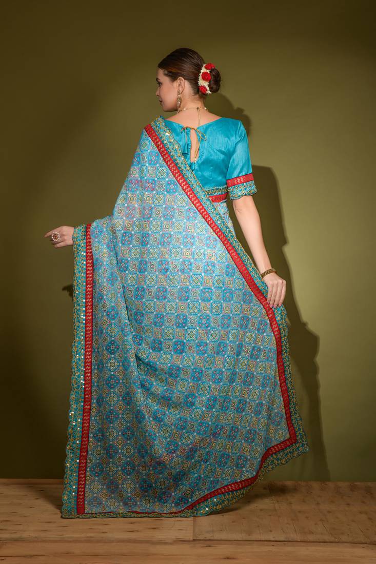 Geometric Printed Georgette Blue Saree With Unstitched Blouse Piece