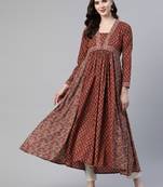 Vbuyz Women'S Floral Print Anarkali Cotton Red Stitched Kurta