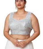 Salwar Studio Women's Silver Silk Blend Readymade Saree Blouse