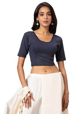 Salwar Studio Women's Navy Blue Cotton Lycra Readymade Saree Blouse 1
