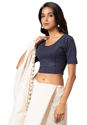 Salwar Studio Women's Navy Blue Cotton Lycra Readymade Saree Blouse 3