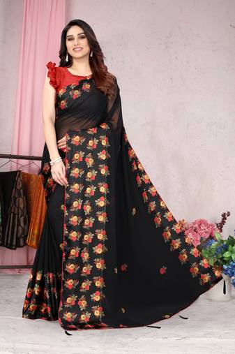 Black Printed Georgette Saree With Blouse