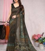 Coffee Printed Cotton Saree With Blouse