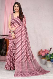 Pink Printed Cotton Saree With Blouse