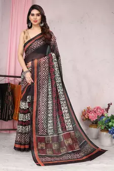 Black Printed Cotton Saree With Blouse