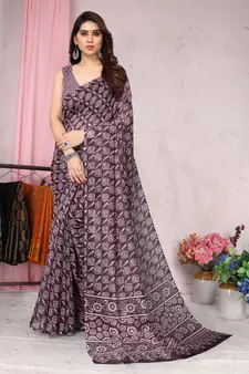 Wine Printed Cotton Saree With Blouse