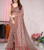 Beige Printed Cotton Saree With Blouse