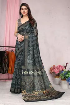 Grey Printed Cotton Saree With Blouse