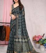 Grey Printed Cotton Saree With Blouse