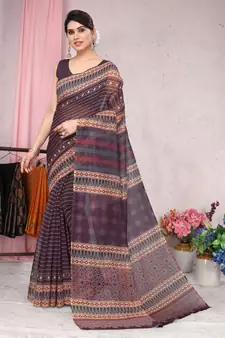Wine Printed Cotton Saree With Blouse
