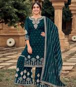 Teal-blue embroidered georgette salwar