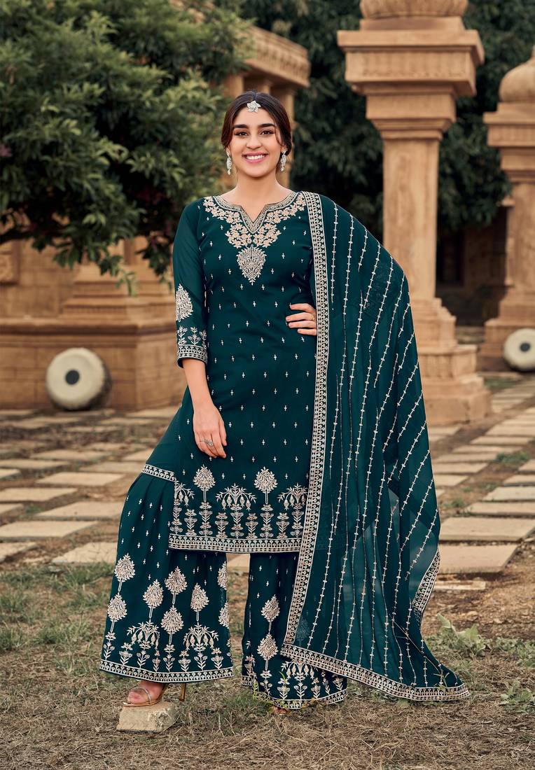 Teal-blue embroidered georgette salwar