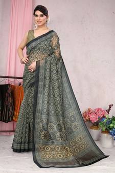 Grey Printed Cotton Saree With Blouse