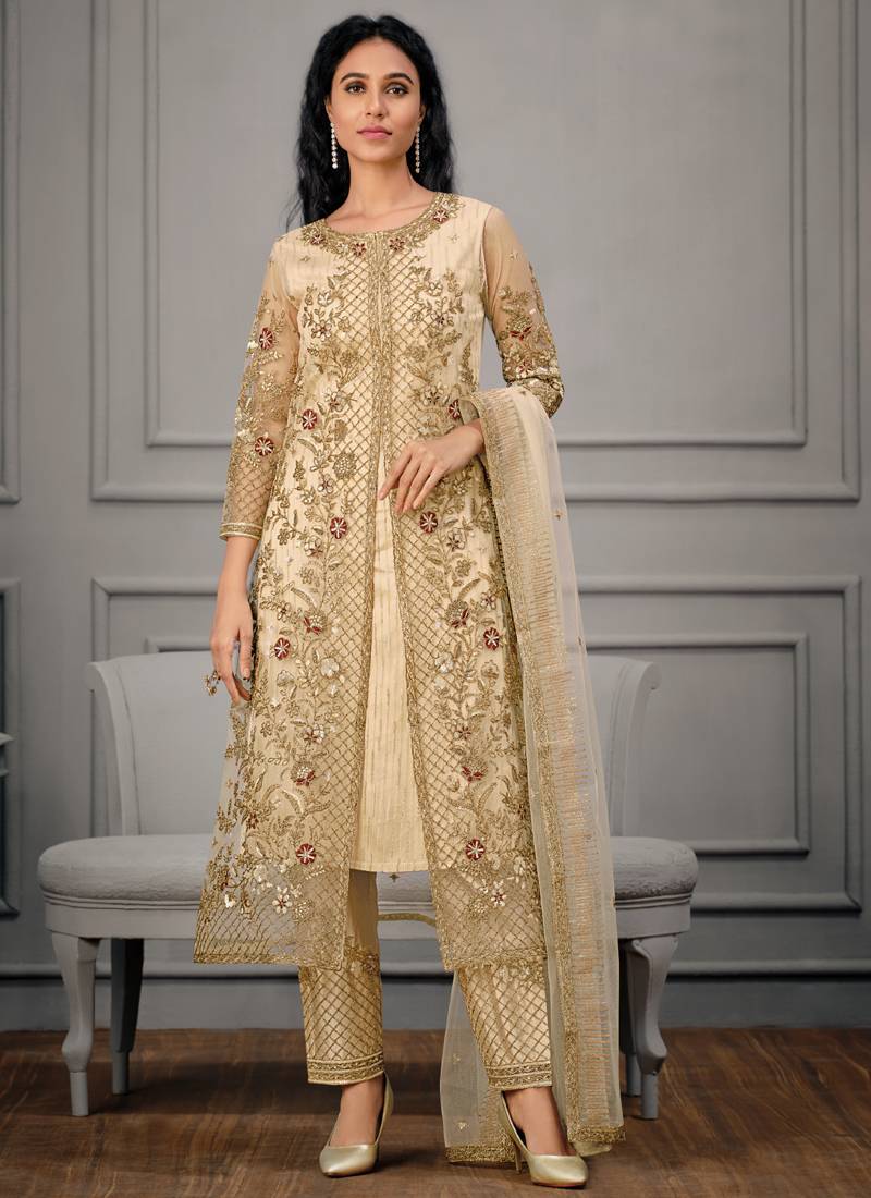 Creme Golden Embroidered Pant Suit