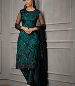 Turquoise And Black Embroidered Pant Suit