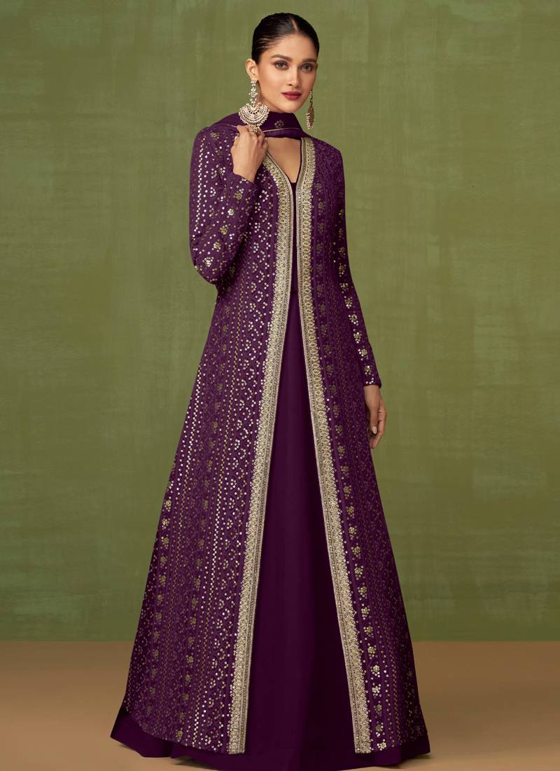 Lehenga Style Purple Embroidered Slit Style Anarkali Dress